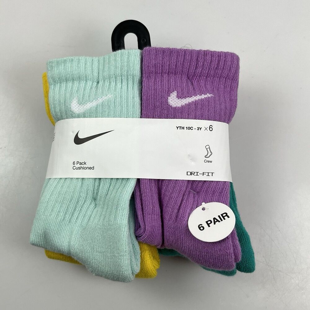 Nike Dri-Fit Youth 10C - 3Y  6 pack Multicolor Performance Basic Crew Socks NWT